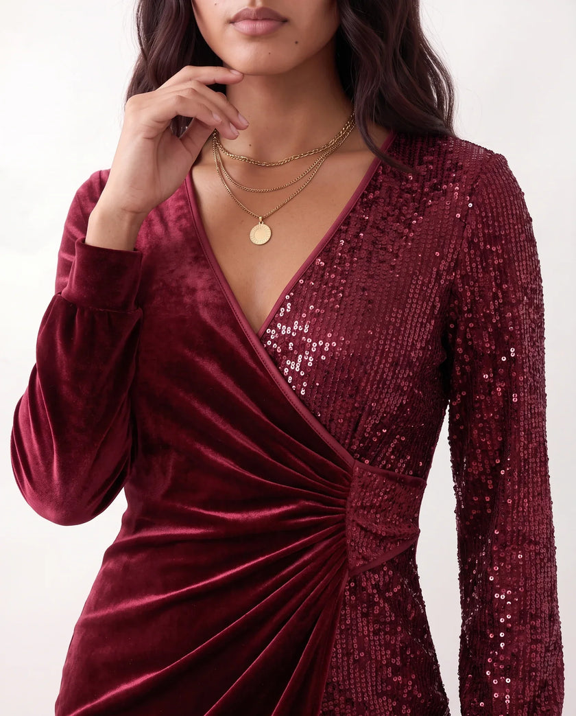 Sequin Mini Dress Women Wrap V-Neck Long Sleeve Ruched Party