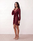 Sequin Mini Dress Women Wrap V-Neck Long Sleeve Ruched Party
