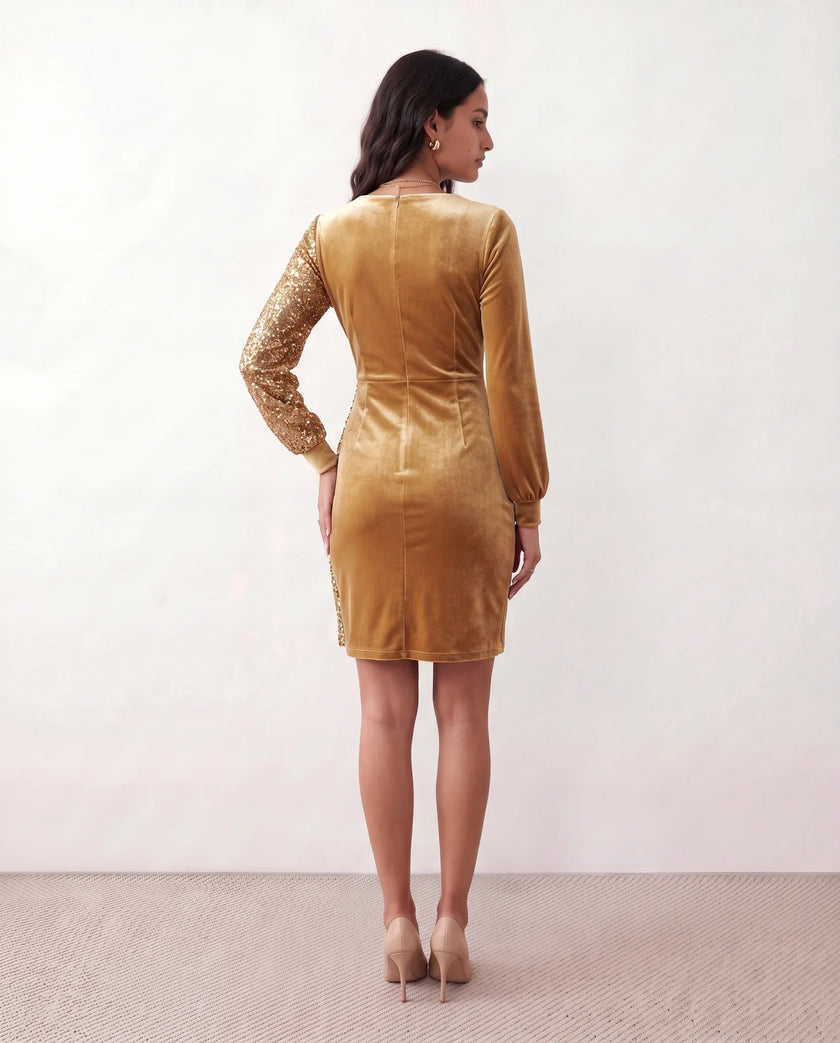 Sequin Mini Dress Women Wrap V-Neck Long Sleeve Ruched Party