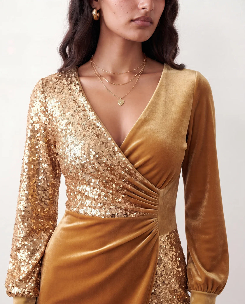 Sequin Mini Dress Women Wrap V-Neck Long Sleeve Ruched Party
