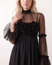 Floral Applique Mini Dress Women Mock Neck Long Sleeve Skater Party