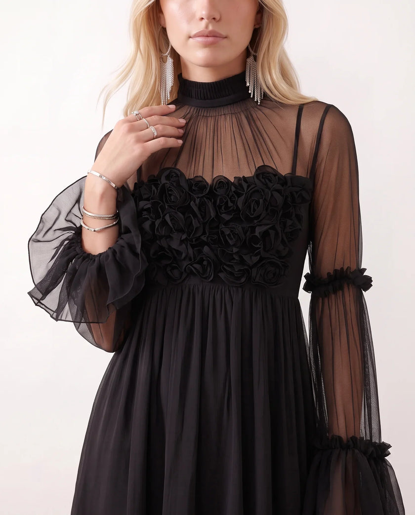 Floral Applique Mini Dress Women Mock Neck Long Sleeve Skater Party
