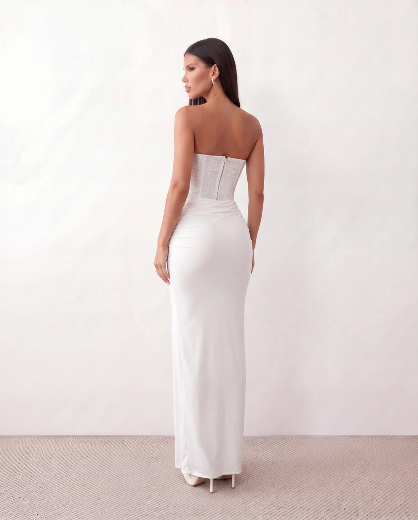 Sequined Maxi Dress Women Strapless Sweetheart Corset Ruched Waist Formal