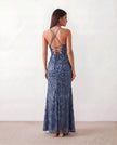 Sequin Maxi Dress Women Square Neck Lace-Up Back Slit Formal