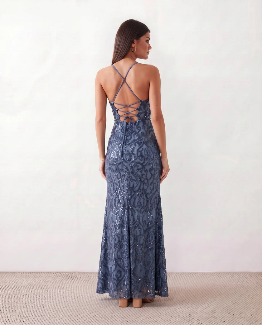 Sequin Maxi Dress Women Square Neck Lace-Up Back Slit Formal