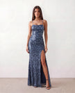 Sequin Maxi Dress Women Square Neck Lace-Up Back Slit Formal