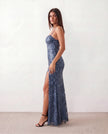 Sequin Maxi Dress Women Square Neck Lace-Up Back Slit Formal