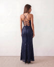 Sequin Maxi Dress Women Square Neck Lace-Up Back Slit Formal