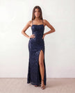 Sequin Maxi Dress Women Square Neck Lace-Up Back Slit Formal