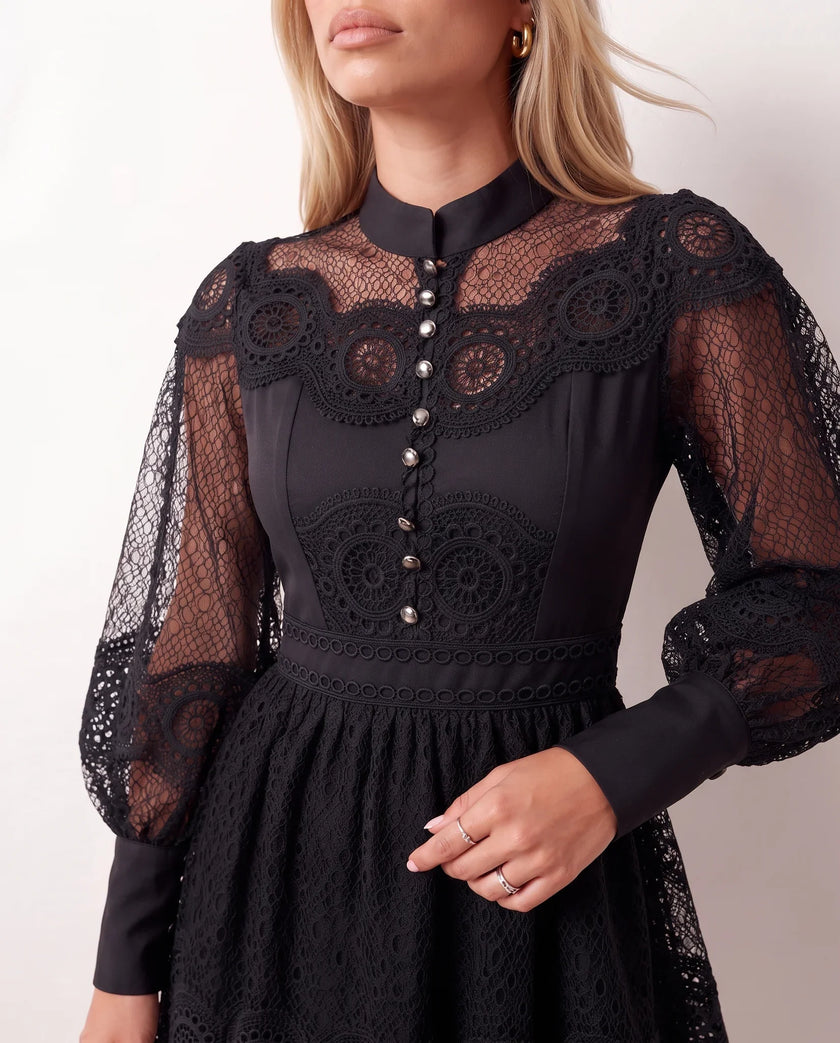 Lace Mini Dress Women Long Sleeve Openwork Cocktail