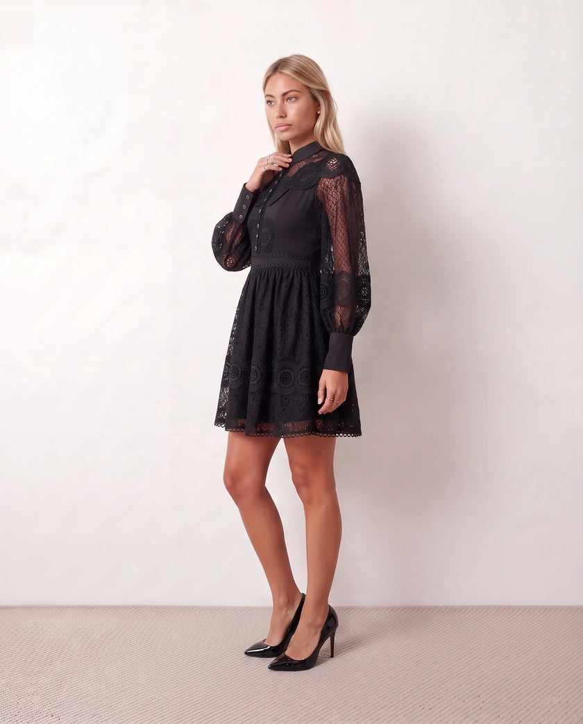 Lace Mini Dress Women Long Sleeve Openwork Cocktail