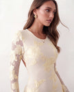 Embroidered Mini Dress Women Fitted Open Back Long Sleeve Cocktail