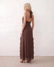 Maxi Dress Women Halter Plunge Neck Ruffled Open Back Formal Yellow
