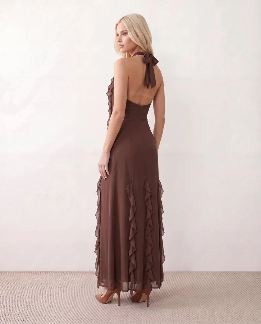 Maxi Dress Women Halter Plunge Neck Ruffled Open Back Formal Yellow