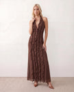 Maxi Dress Women Halter Plunge Neck Ruffled Open Back Formal Yellow