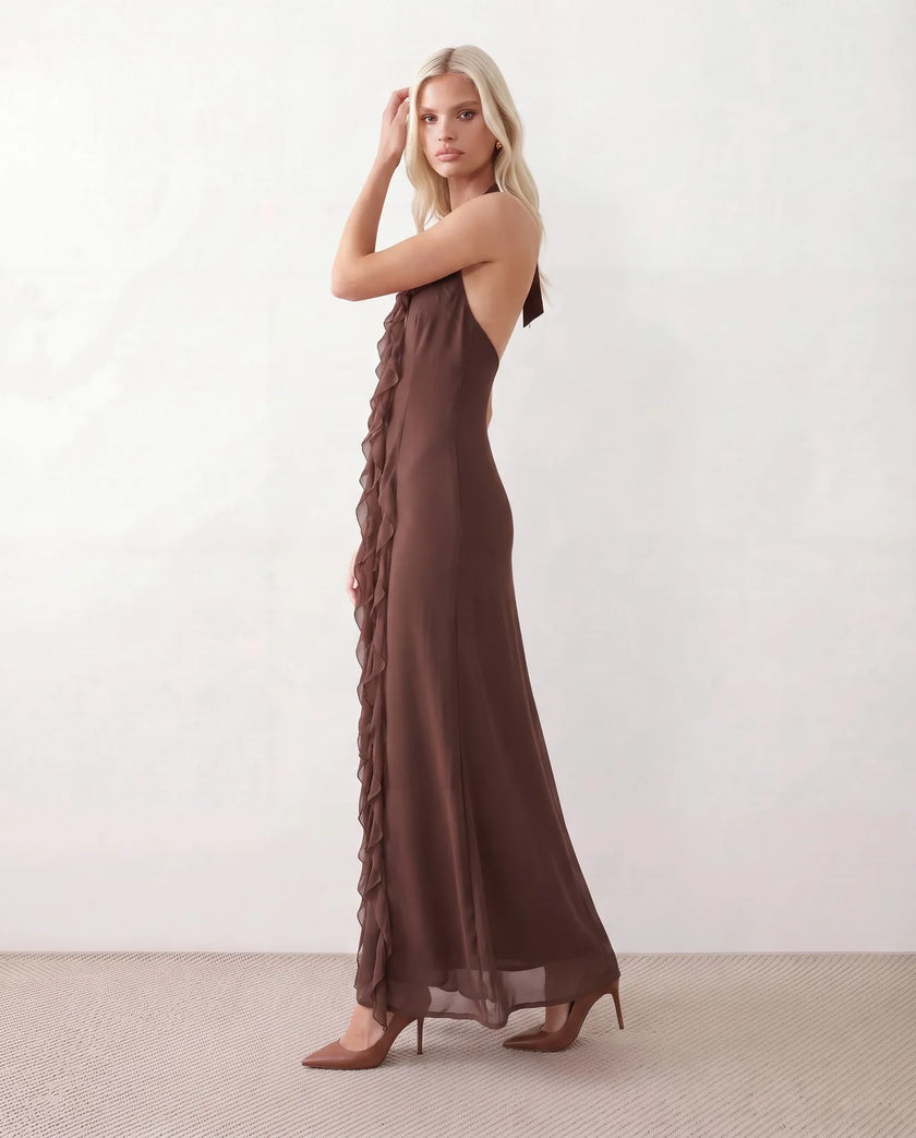 Maxi Dress Women Halter Plunge Neck Ruffled Open Back Formal Yellow