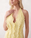 Maxi Dress Women Halter Plunge Neck Ruffled Open Back Formal Yellow