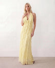 Maxi Dress Women Halter Plunge Neck Ruffled Open Back Formal Yellow