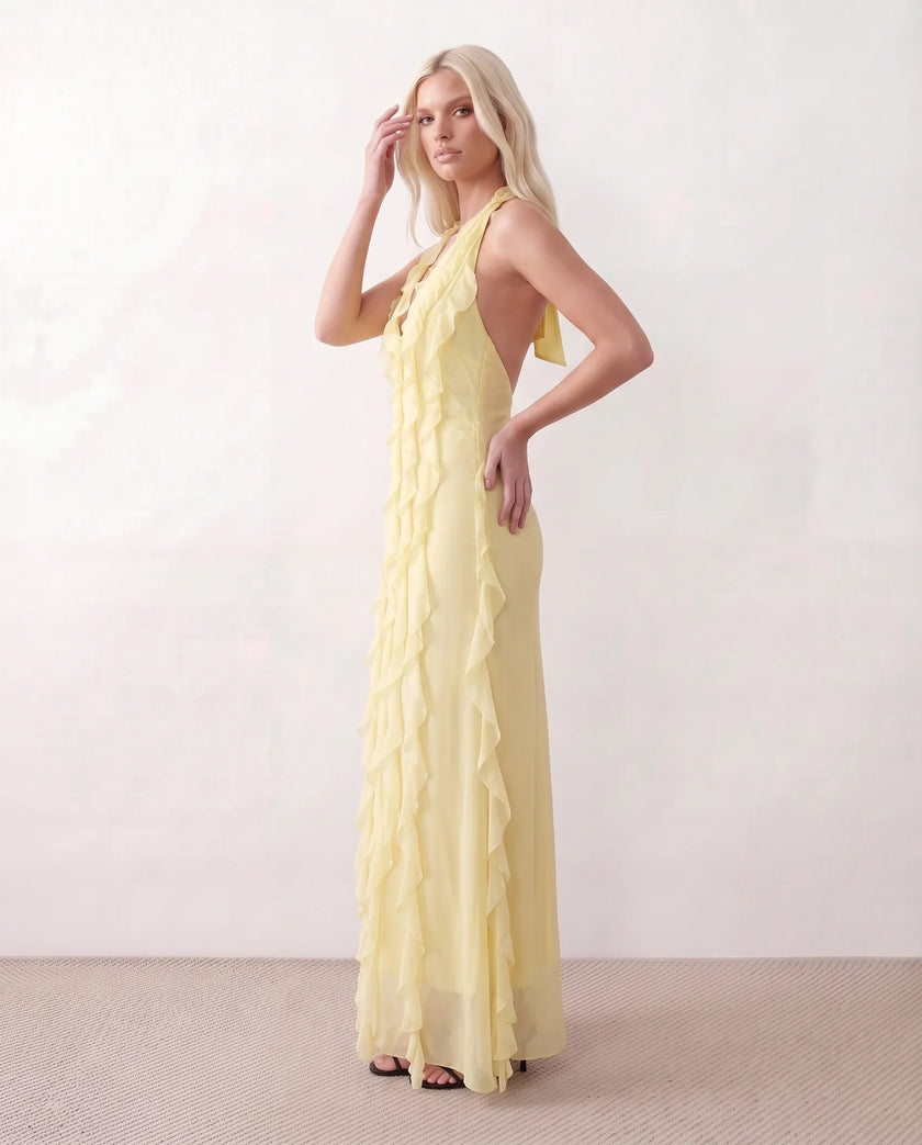 Maxi Dress Women Halter Plunge Neck Ruffled Open Back Formal Yellow