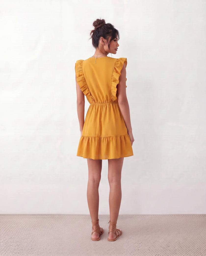 Ruffle Mini Dress Women V-Neck Tiered Skater Boho Summer Yellow