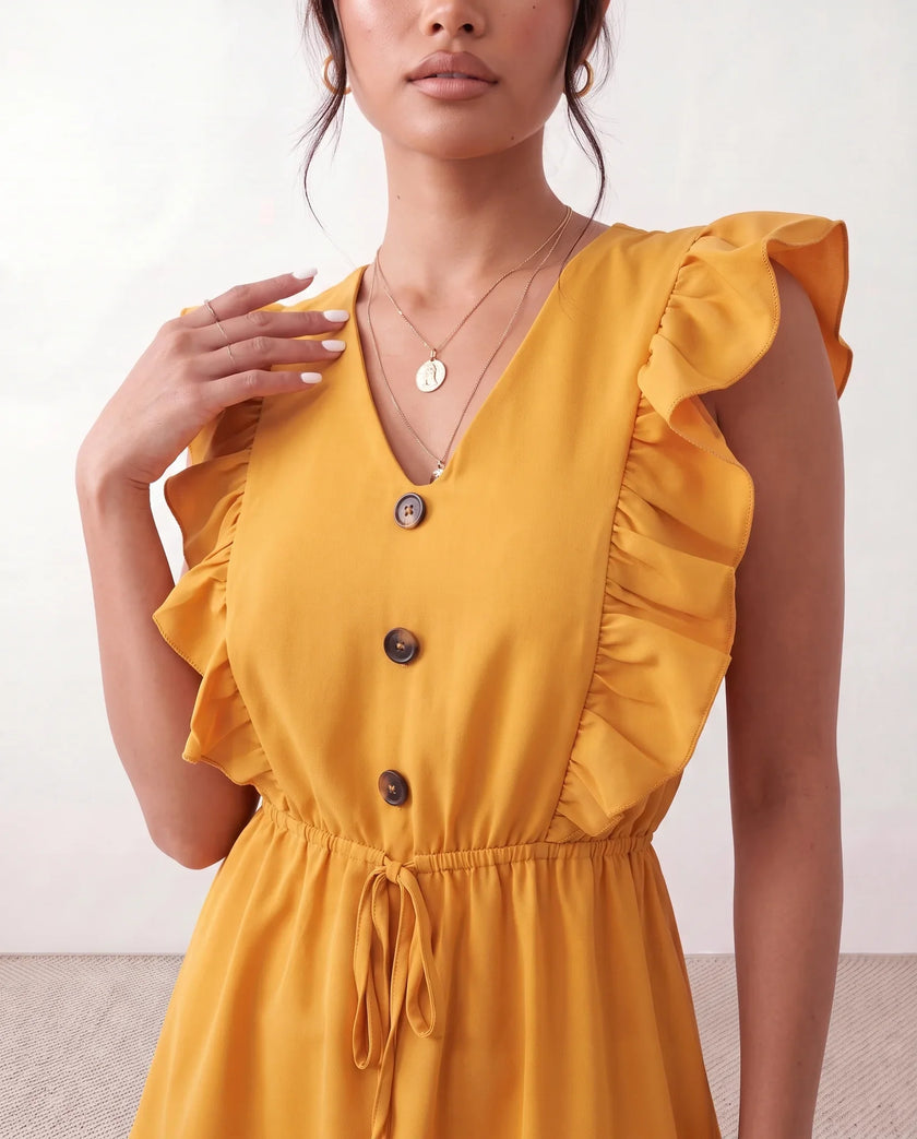 Ruffle Mini Dress Women V-Neck Tiered Skater Boho Summer Yellow