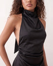 Glossy Halter Mini Dress Women Cowl Neck Open Back A-Line Party