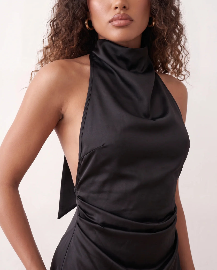 Glossy Halter Mini Dress Women Cowl Neck Open Back A-Line Party