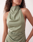 Glossy Halter Mini Dress Women Cowl Neck Open Back A-Line Party