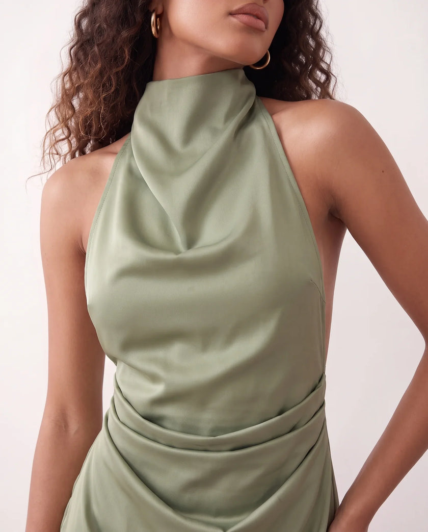 Glossy Halter Mini Dress Women Cowl Neck Open Back A-Line Party