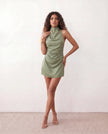 Glossy Halter Mini Dress Women Cowl Neck Open Back A-Line Party