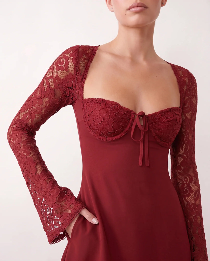 Lace Mini Dress Women Sweetheart Neck Long Sleeve Backless Lace-Up Party