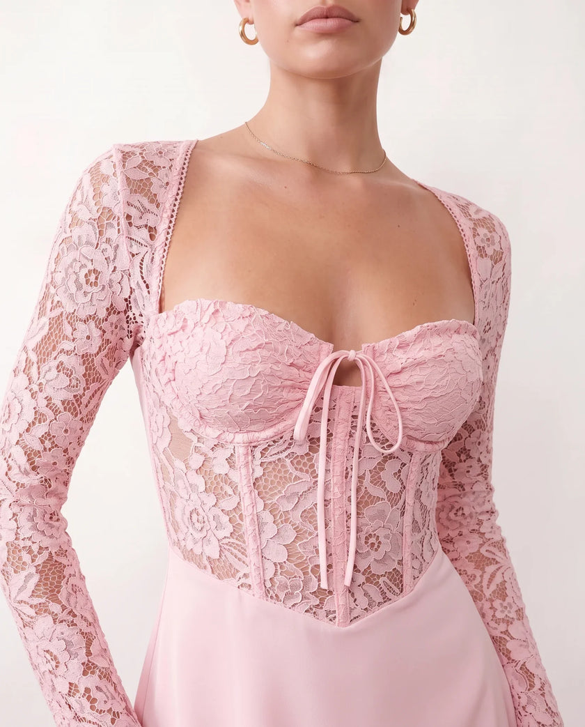 Lace Mini Dress Women Sweetheart Neck Long Sleeve Backless Lace-Up Party