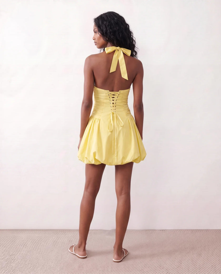 Halter Plunge Neck Mini Dress Women Ruched Corset Lace-Up Open Back Party
