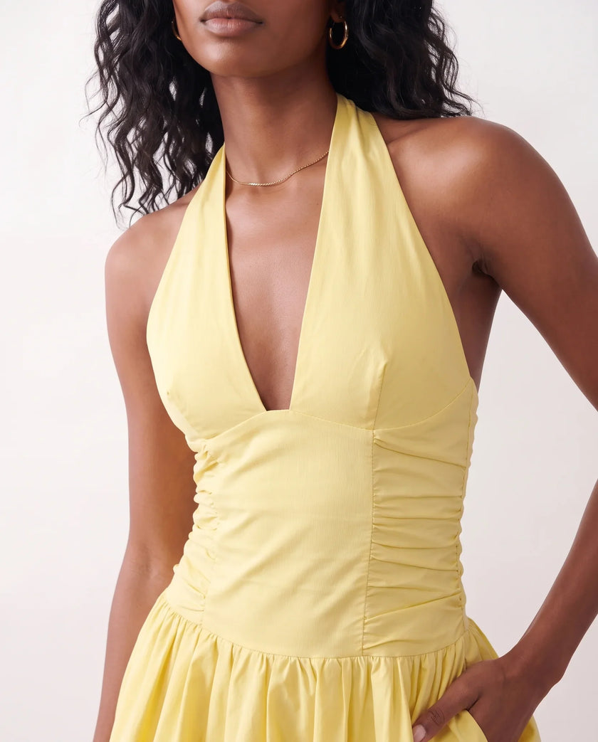 Halter Plunge Neck Mini Dress Women Ruched Corset Lace-Up Open Back Party