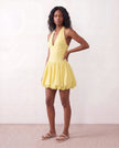 Halter Plunge Neck Mini Dress Women Ruched Corset Lace-Up Open Back Party