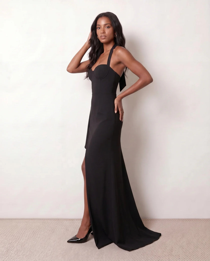 Halter Maxi Dress Women Formal Sweetheart Corset Front Slit