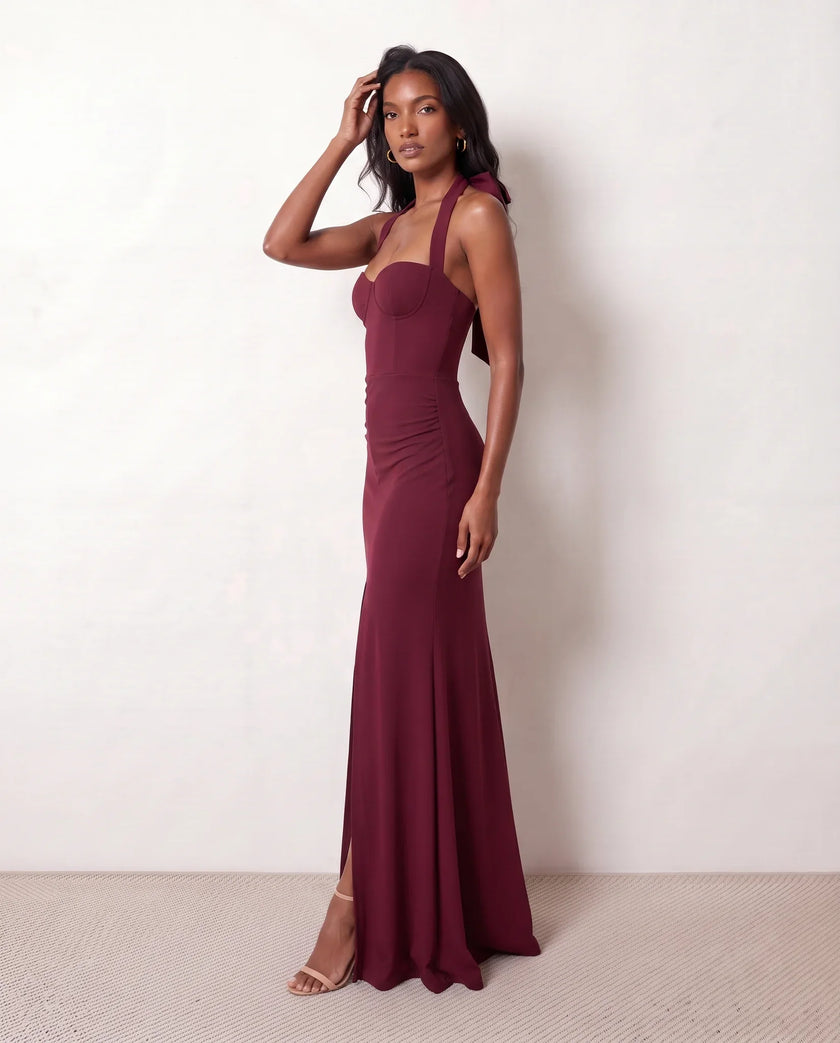 Halter Maxi Dress Women Formal Sweetheart Corset Front Slit