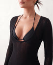 Crochet Mini Dress Women Beach Plunge Neck Long Sleeve