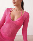 Crochet Mini Dress Women Beach Plunge Neck Long Sleeve