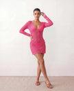 Crochet Mini Dress Women Beach Plunge Neck Long Sleeve