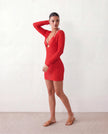 Crochet Mini Dress Women Beach Plunge Neck Long Sleeve