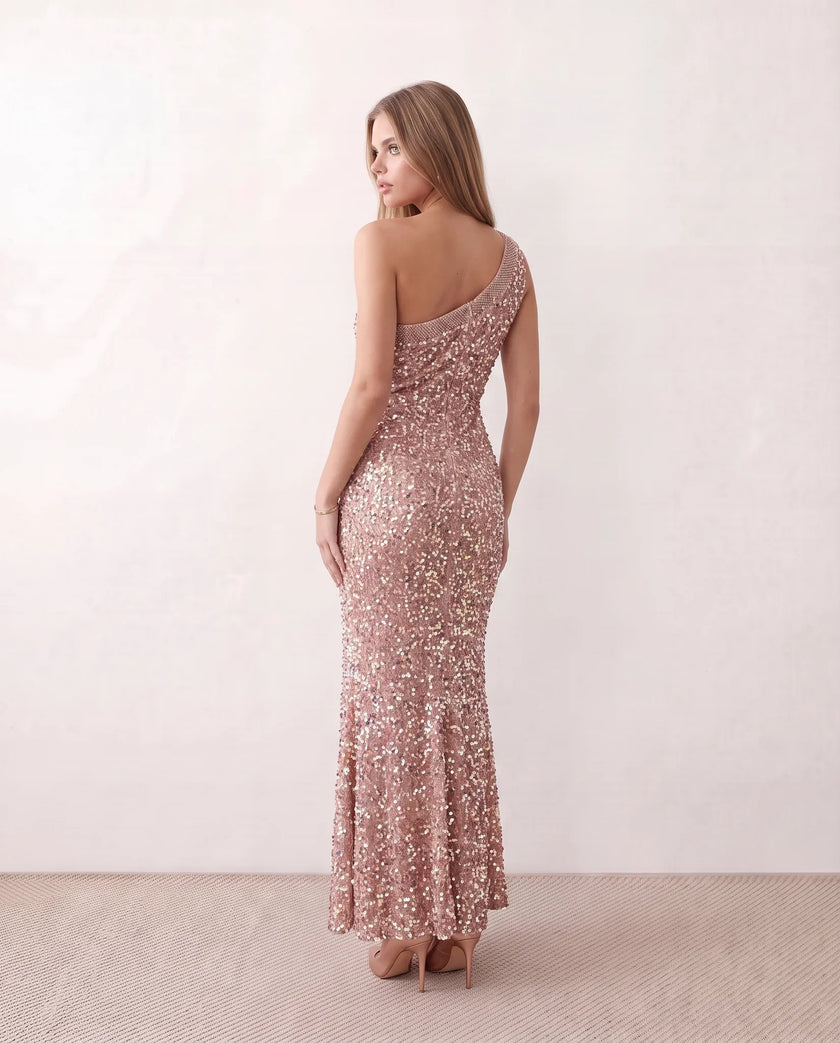 Sequined Maxi Dress Women Asymmetric Neck Low Back Front Slit Formal