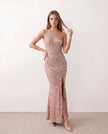 Sequined Maxi Dress Women Asymmetric Neck Low Back Front Slit Formal