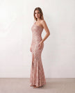 Sequined Maxi Dress Women Asymmetric Neck Low Back Front Slit Formal