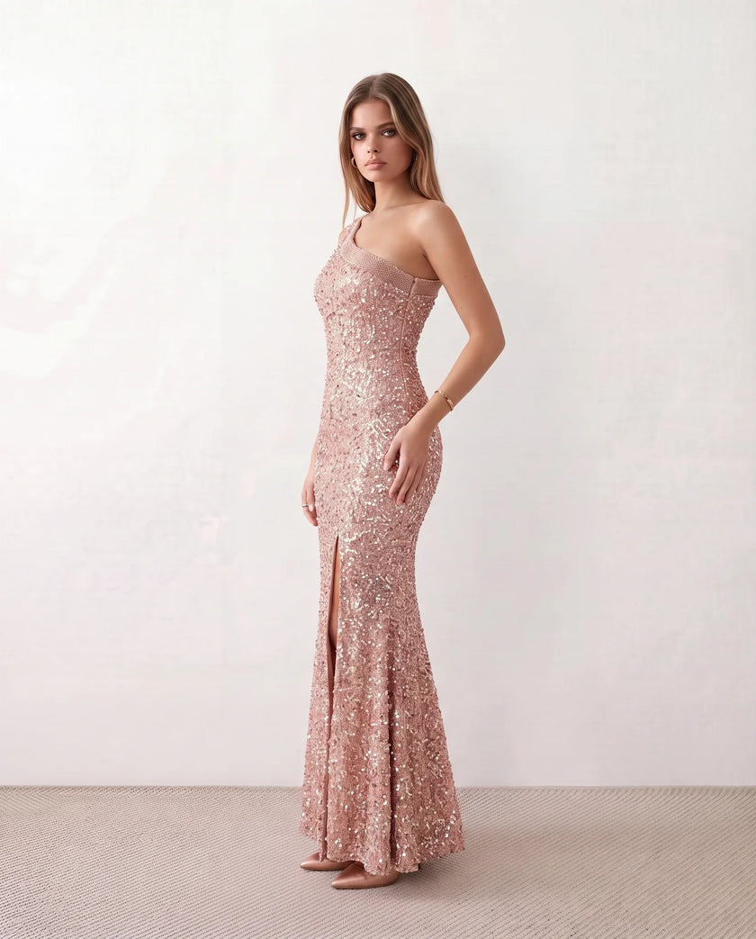 Sequined Maxi Dress Women Asymmetric Neck Low Back Front Slit Formal