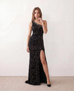 Sequined Maxi Dress Women Asymmetric Neck Low Back Front Slit Formal