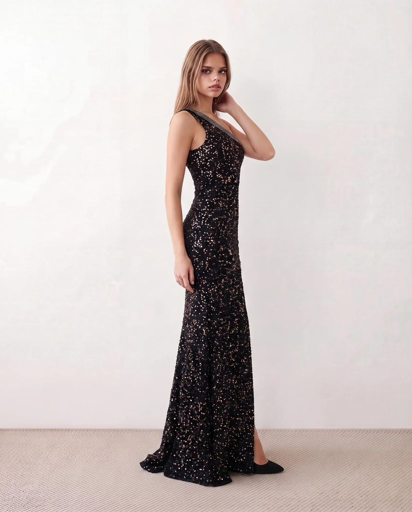Sequined Maxi Dress Women Asymmetric Neck Low Back Front Slit Formal