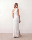 Sequined Maxi Dress Women Asymmetric Neck Low Back Front Slit Formal