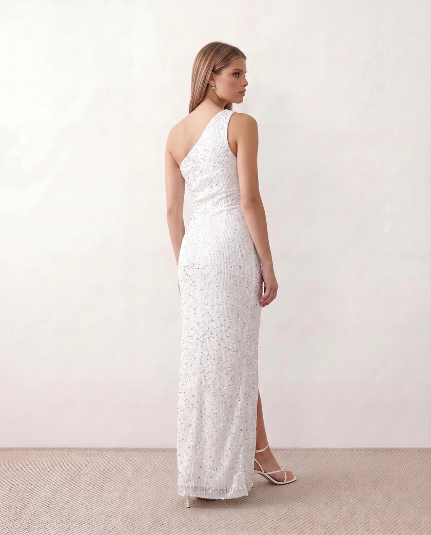 Sequined Maxi Dress Women Asymmetric Neck Low Back Front Slit Formal