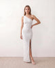 Sequined Maxi Dress Women Asymmetric Neck Low Back Front Slit Formal